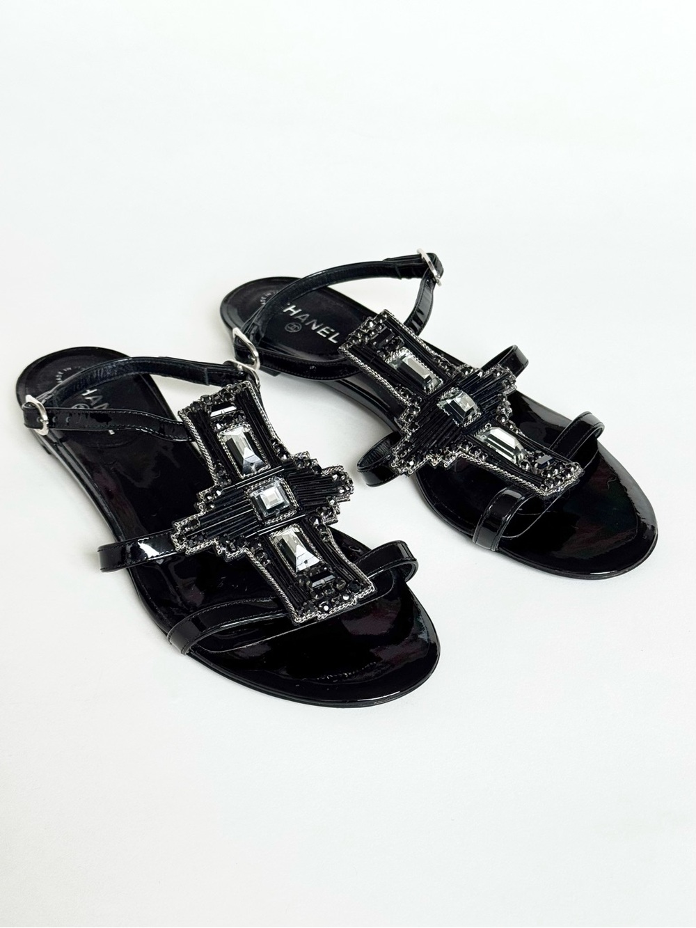 CHANEL Black Patent Leather Beaded and  Jeweled Slingback Sandals - Size 36
